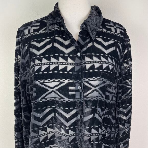 Denim & Supply Black Vintage Velvet Burnout Long Sleeve Button Top Large - Picture 3 of 9